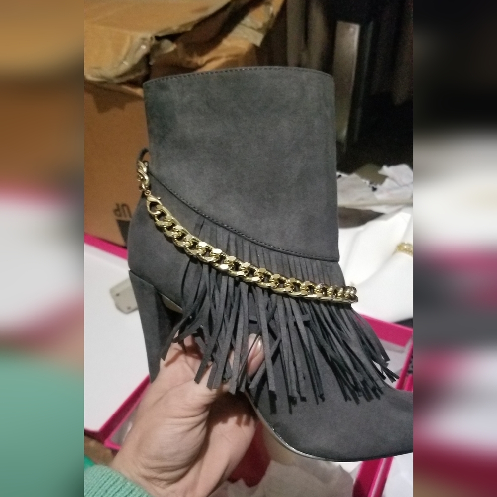 Black and Gold Fringe Ankle Booties with Chain Accent